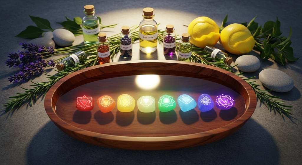 Ätherische Öle und Symbole der sieben Chakren in einer harmonischen Anordnung.