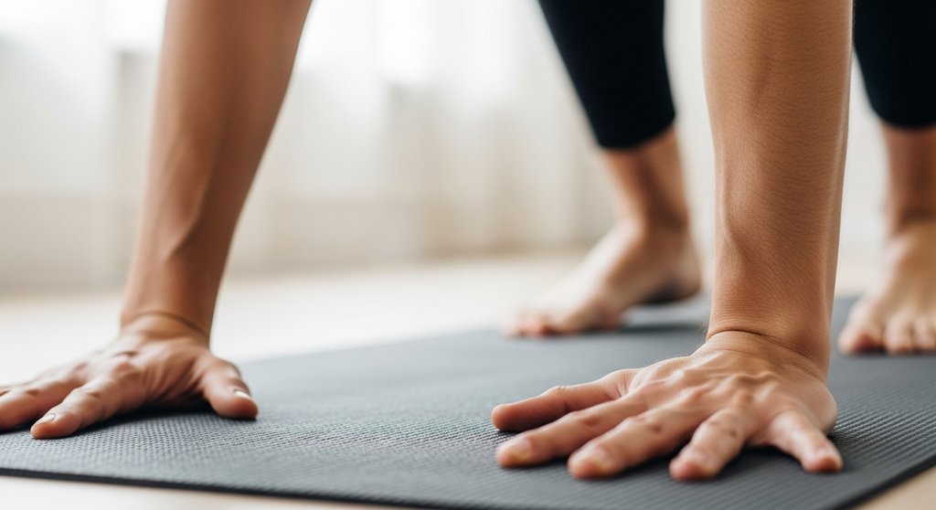 Detailansicht von Händen und Füßen auf einer rutschfesten Yoga Matte für Anfänger.