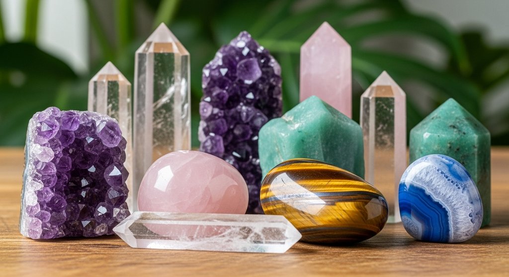 Detailaufnahme von verschiedenen Heilsteinen wie Amethyst, Rosenquarz und Tigerauge, die auf einem rustikalen Holztisch arrangiert sind. Sanftes, natürliches Licht fällt auf die Kristalle und lässt ihre Farben und Strukturen lebendig wirken. Im Hintergrund sind unscharf grüne Blätter zu erkennen.