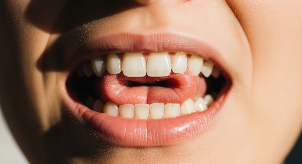 Detaillierte Ansicht der Mund- und Zahnstellung bei der Sitkari Pranayama Atemübung.