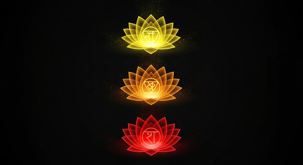 Die ersten drei Chakren – Wurzelchakra, Sakralchakra und Solarplexuschakra – als leuchtende Lotusblumen.