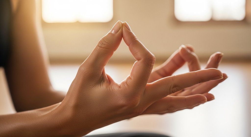 Die Hände einer Frau in einem Yoga-Studio, die das Gyan Mudra für mehr Fokus formt. Die Hände einer Frau in einem Yoga-Studio, die das Gyan Mudra für mehr Fokus formt.