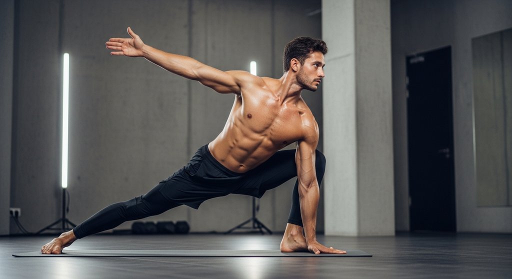 Ein athletischer Mann macht eine anspruchsvolle Yoga-Übung im Fitnessstudio. Ein athletischer Mann macht eine anspruchsvolle Yoga-Übung im Fitnessstudio.