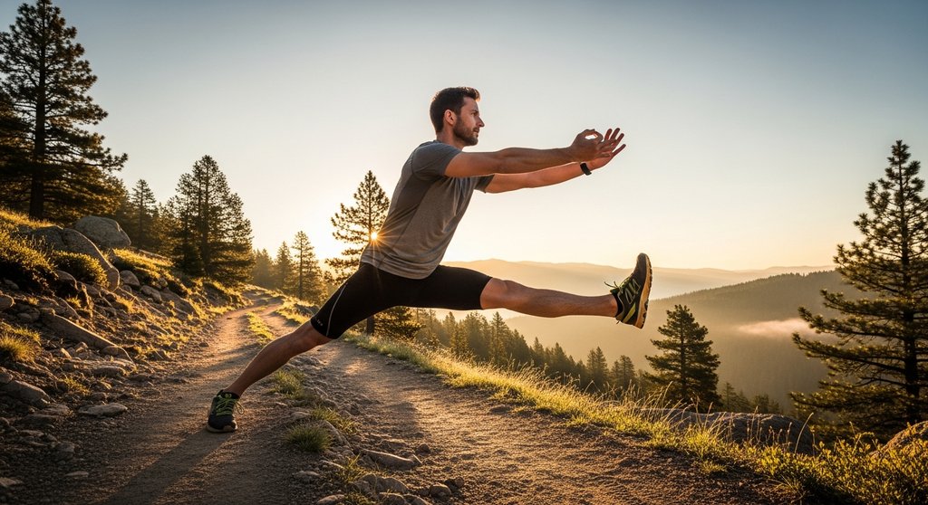 Ein Läufer macht eine Yoga-Übung auf einem Trail und zeigt die Verbindung von Laufen und Yoga. Ein Läufer macht eine Yoga-Übung auf einem Trail und zeigt die Verbindung von Laufen und Yoga.
