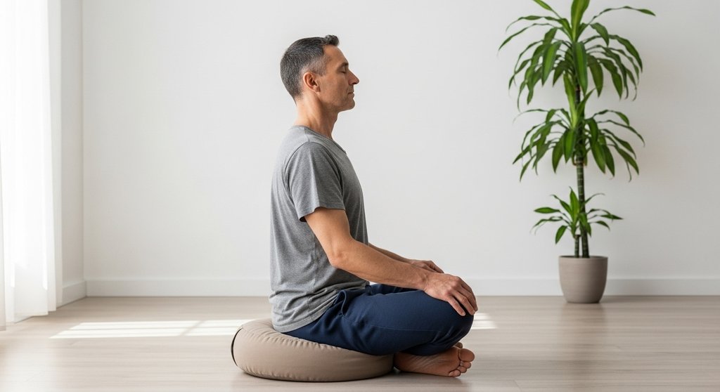 Ein Mann in der korrekten, aufrechten Sitzhaltung für Pranayama-Atemübungen.