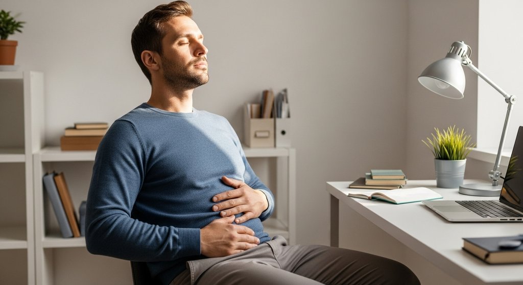 Ein Mann integriert eine kurze Pranayama-Atemübung in seinen Arbeitsalltag.