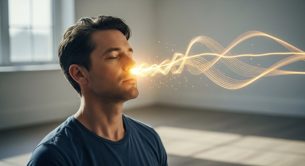 Ein Mann praktiziert Bhastrika Pranayama, die kraftvolle Blasebalg-Atmung, mit sichtbarem Energiestrom.