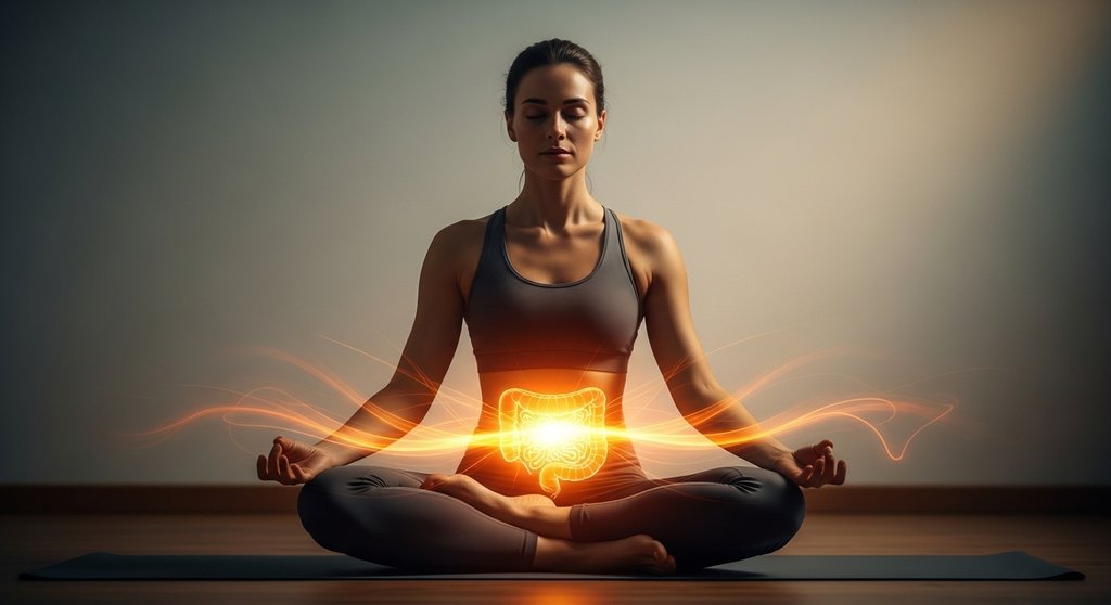 Ein Yogi praktiziert Kapalabhati, dessen Wirkung auf die Bauchorgane durch ein Leuchten im Bauch visualisiert wird. Ein Yogi praktiziert Kapalabhati, dessen Wirkung auf die Bauchorgane durch ein Leuchten im Bauch visualisiert wird.