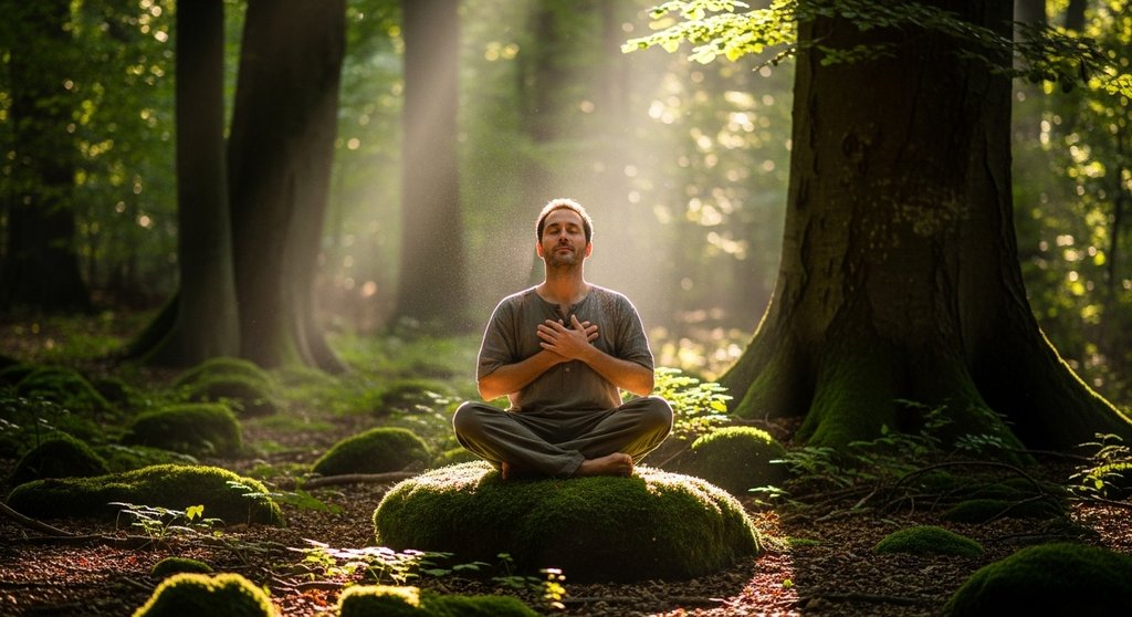 Ein Yogi praktiziert Pranayama in der Natur, um seine Lebensenergie aufzuladen.