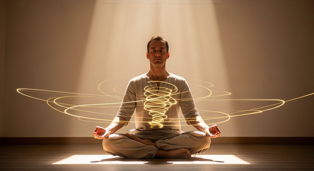 Ein Yogi sitzt in tiefer Meditation in einer ruhigen, minimalistischen Umgebung. Lichtstrahlen durchdringen den Raum und visualisieren die Energie (Prana), die sich im Körper sammelt, während er den Atem anhält. Die Atmosphäre ist friedlich und konzentriert. Fotorealistischer Stil, warmes, natürliches Licht.