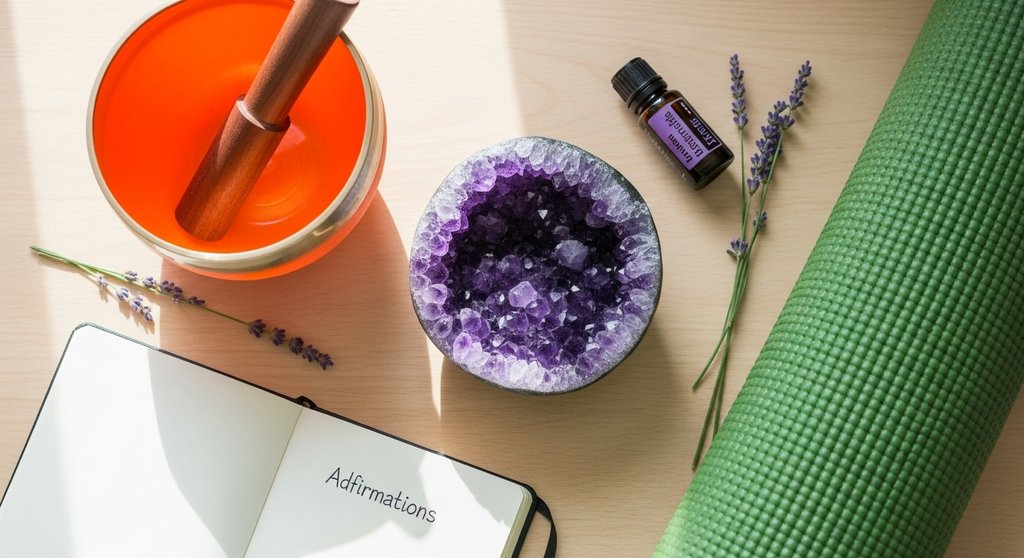 Eine ästhetische Flat-Lay-Aufnahme von oben. Auf einem hellen Holztisch liegen verschiedene Gegenstände zur Chakra-Harmonisierung: eine violette Amethyst-Druse, eine orangefarbene Klangschale, eine Flasche mit ätherischem Lavendelöl, ein Notizbuch mit dem Wort „Affirmationen“ und eine grüne Yogamatte im Anschnitt. Das Licht ist weich und natürlich.;