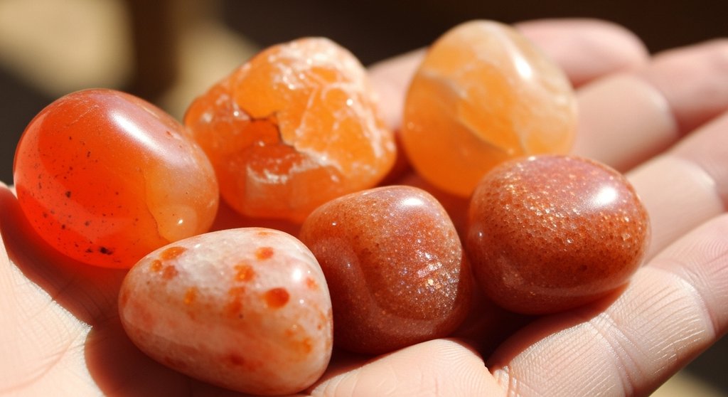 Eine Auswahl an Heilsteinen zur Aktivierung des blockierten Sakralchakras.