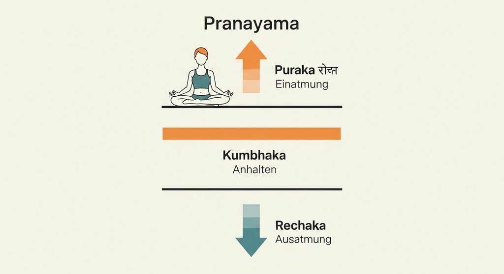Eine einfache Infografik zeigt den Atemzyklus im Pranayama mit den drei Phasen: Puraka (Pfeil nach oben, Einatmung), Kumbhaka (horizontale Linie, Anhalten) und Rechaka (Pfeil nach unten, Ausatmung). Die Begriffe sind klar in Sanskrit und Deutsch beschriftet. Minimalistischer, klarer Stil.