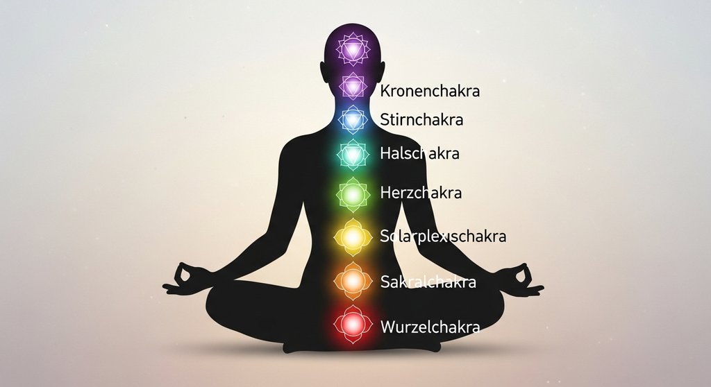 Eine elegante, minimalistische Infografik, die eine stilisierte menschliche Silhouette im Meditationssitz zeigt. Entlang der Wirbelsäule sind die sieben Hauptchakren als leuchtende, farbige Kugeln dargestellt (von unten nach oben: rot, orange, gelb, grün, hellblau, indigo, violett). Jedes Chakra ist auf Deutsch beschriftet (Wurzelchakra, Sakralchakra etc.). Der Hintergrund ist dezent und beruhigend.;