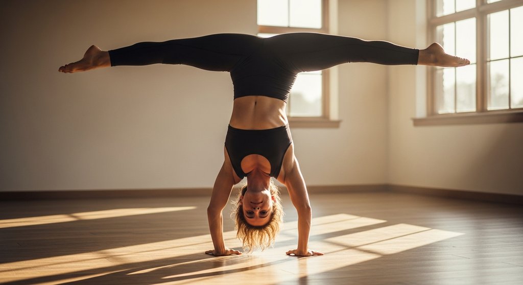 Eine fortgeschrittene Yogini praktiziert die anspruchsvolle Handstand-Skorpion-Pose.