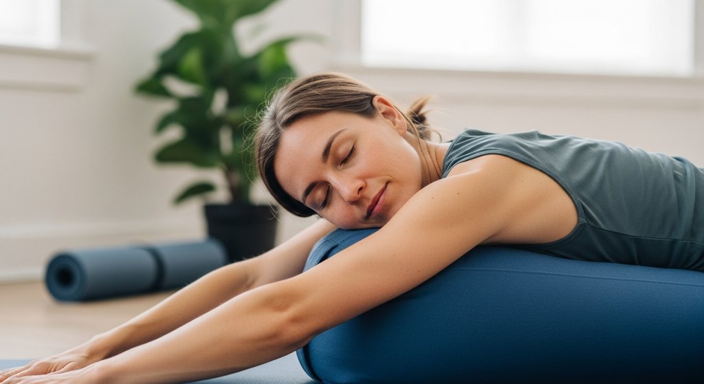 Eine Frau entspannt in einer Yoga-Pose, gestützt von einem blauen Yogabolster. Eine Frau entspannt in einer Yoga-Pose, gestützt von einem blauen Yogabolster.