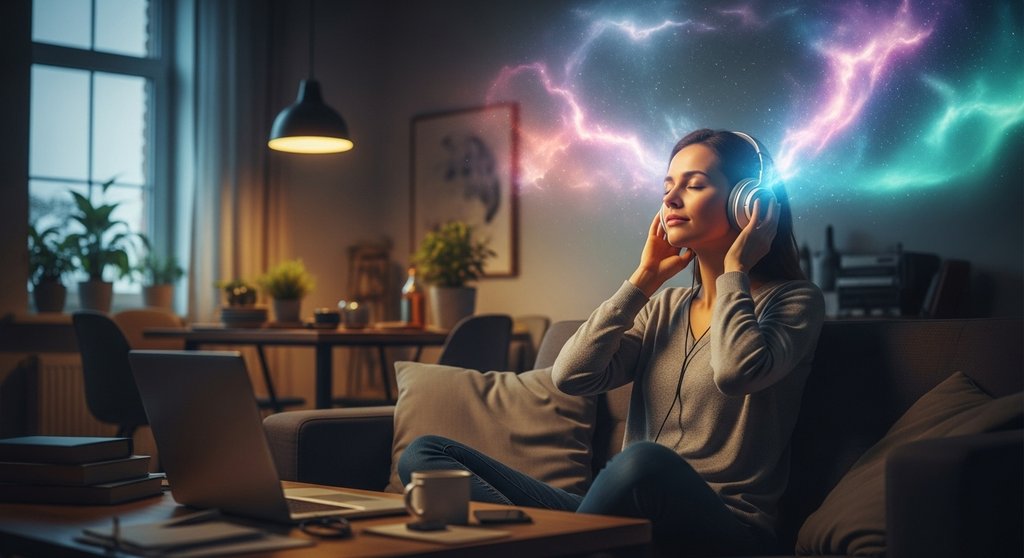 Eine Frau findet durch eine geführte Meditation auf dem Sofa zu innerer Ruhe.