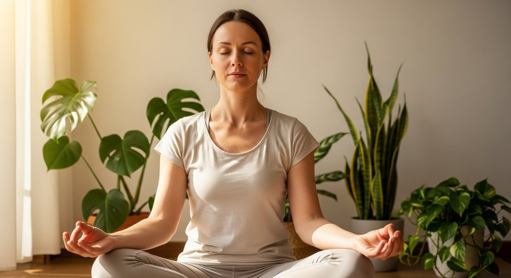 Eine Frau findet durch Yoga bei Angst innere Ruhe und Gelassenheit.