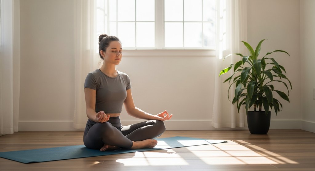 Eine Frau findet durch Yoga in einem sonnendurchfluteten Raum neue Inspiration und Ruhe.