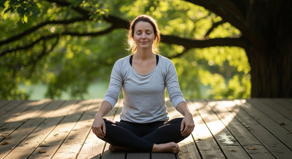 Eine Frau findet nach einer Yoga-Einheit im Freien ihren inneren Frieden.