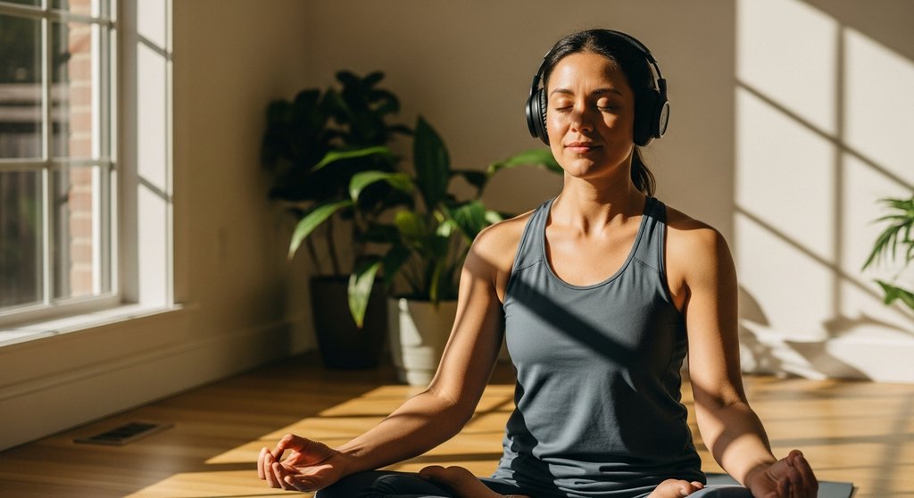 Eine Frau genießt mit Kopfhörern ihre Yoga Playlist zur Entspannung.