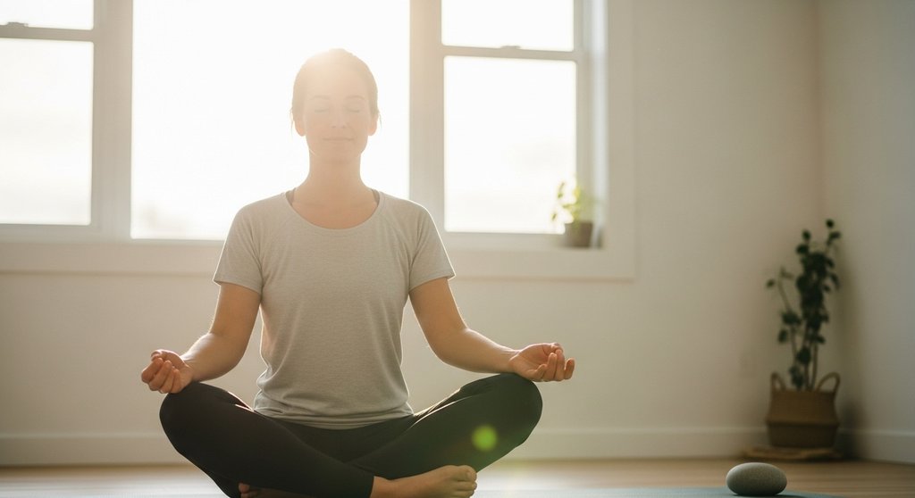 Eine Frau gewinnt durch bewusste Atemübungen mehr Energie und sitzt lächelnd auf einer Yogamatte. Eine Frau gewinnt durch bewusste Atemübungen mehr Energie und sitzt lächelnd auf einer Yogamatte.