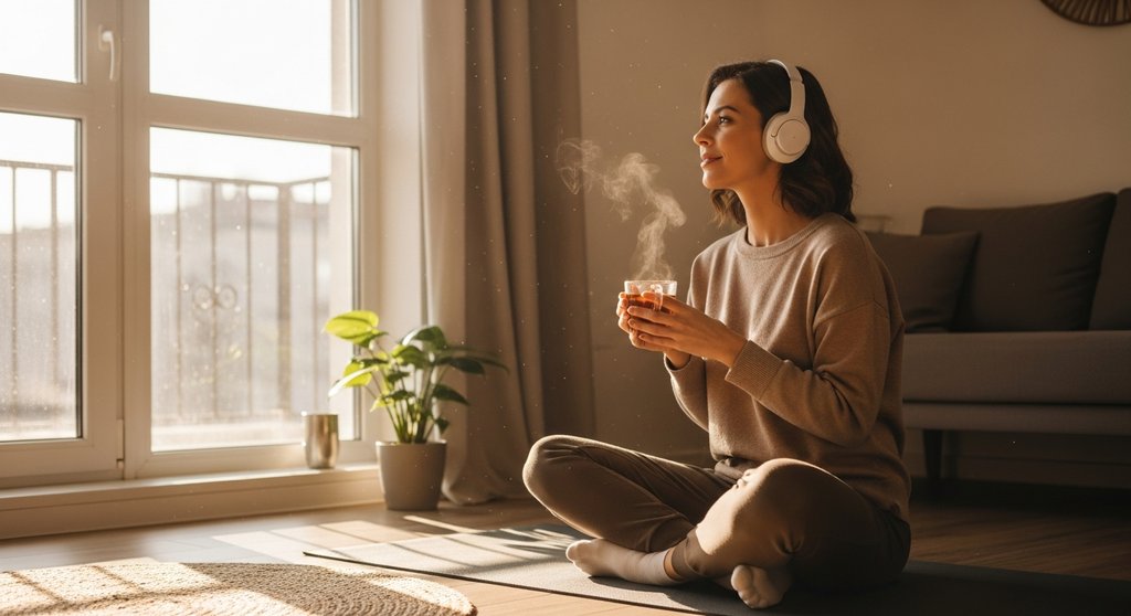 Eine Frau hört entspannt einen Yoga Podcast auf ihrer Matte und findet Inspiration für ihre Praxis.