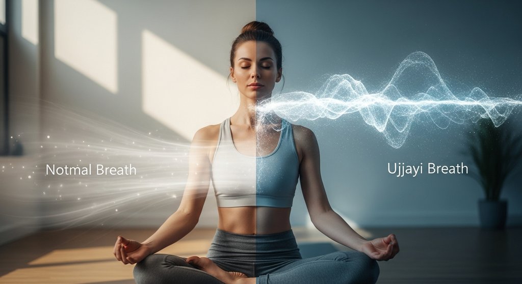 Eine Frau im Yoga-Outfit sitzt mit geschlossenen Augen, um den Unterschied zwischen Ujjayi und normaler Atmung zu visualisieren. Eine Frau im Yoga-Outfit sitzt mit geschlossenen Augen, um den Unterschied zwischen Ujjayi und normaler Atmung zu visualisieren.