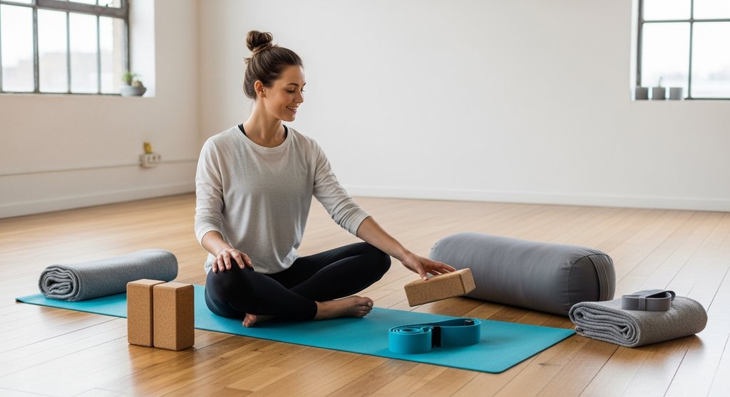 Eine Frau in einem hellen Yoga-Studio, umgeben von Yoga-Hilfsmitteln wie Block, Gurt und Bolster.