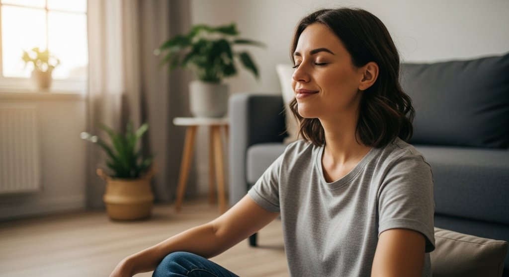 Eine Frau lernt Meditation und sitzt entspannt in ihrem Wohnzimmer.