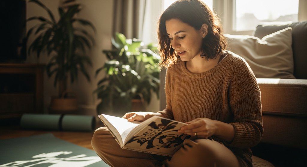 Eine Frau liest konzentriert in einem Yoga-Buch und vertieft ihre Praxis.