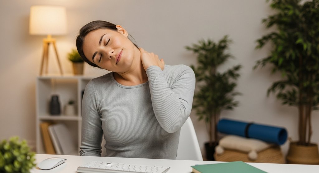 Eine Frau löst mit einer Yoga-Übung am Schreibtisch ihre Nackenverspannungen. Eine Frau löst mit einer Yoga-Übung am Schreibtisch ihre Nackenverspannungen.