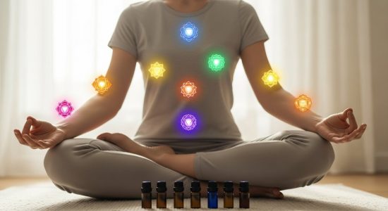 Eine Frau meditiert mit ätherischen Ölen, um ihre sieben Chakren zu harmonisieren. Ätherische Öle für die Chakren: Dein Guide für Harmonie & Balance