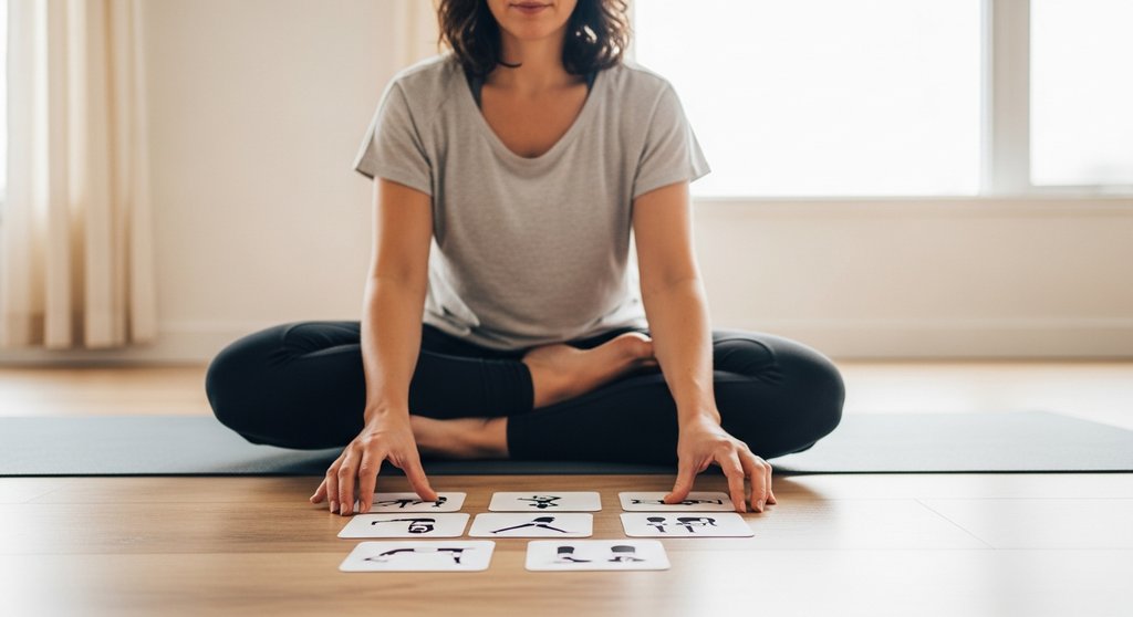 Eine Frau plant eine Yoga Sequenz mit Asana-Karten auf ihrer Matte.