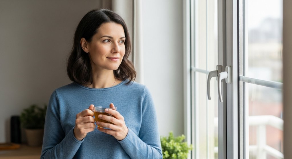 Eine Frau praktiziert Achtsamkeit im Alltag mit einer Tasse Tee am Fenster.