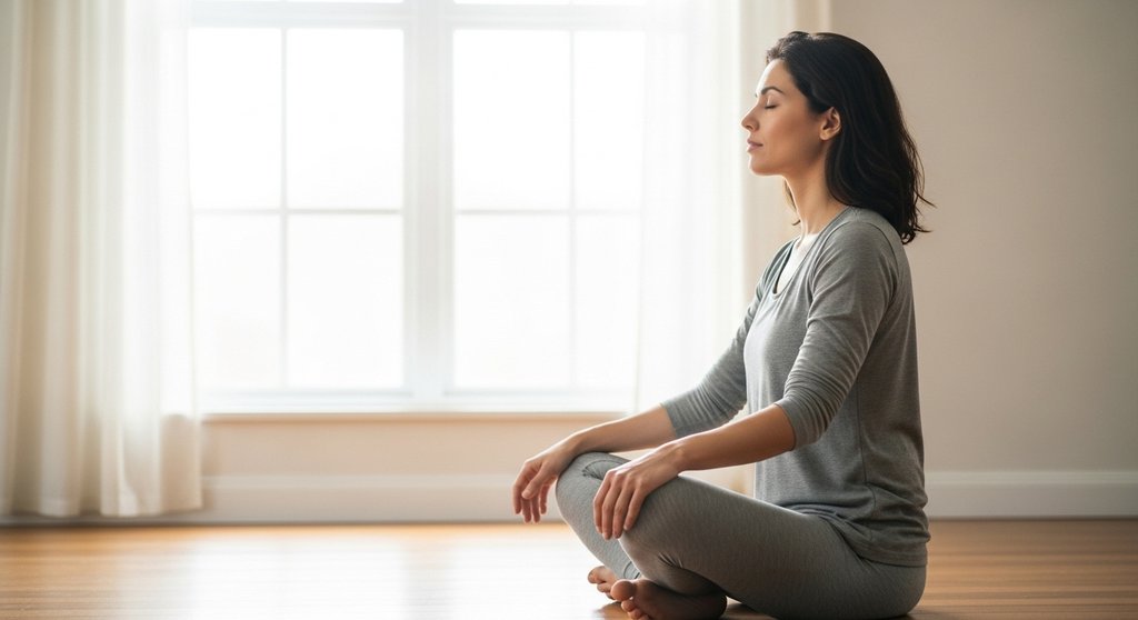 Eine Frau praktiziert Atemachtsamkeit in einem hellen Raum und findet innere Ruhe.