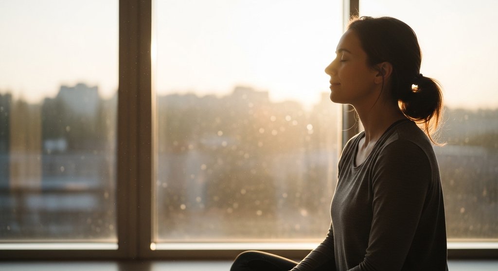 Eine Frau praktiziert Dankbarkeit während ihrer morgendlichen Yoga-Routine bei Sonnenaufgang.
