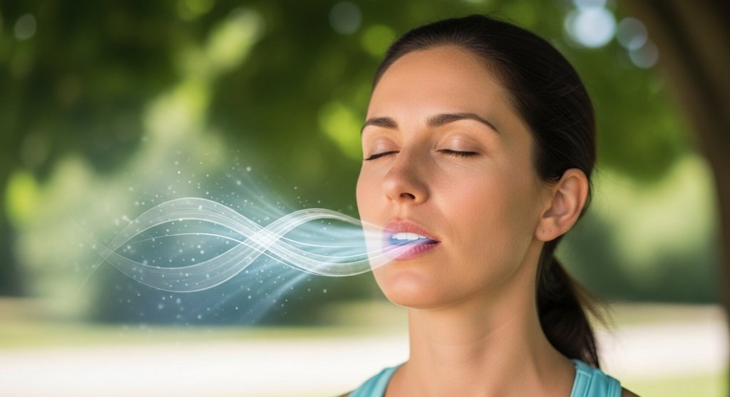 Eine Frau praktiziert die kühlende Yoga-Atmung Sheetali oder Sitkari Pranayama an einem heißen Tag. Eine Frau praktiziert die kühlende Yoga-Atmung Sheetali oder Sitkari Pranayama an einem heißen Tag.