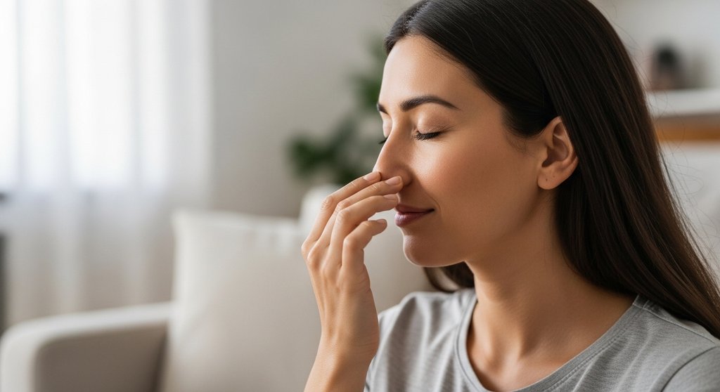 Eine Frau praktiziert die Wechselatmung (Nadi Shodana) für psychische Balance und innere Ruhe. Eine Frau praktiziert die Wechselatmung (Nadi Shodana) für psychische Balance und innere Ruhe.