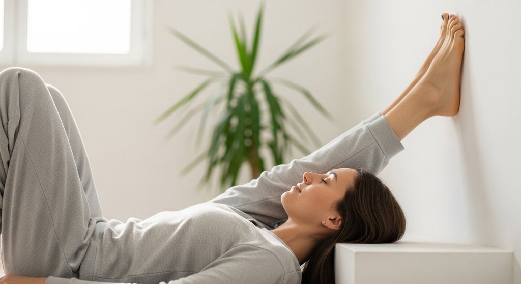 Eine Frau praktiziert die Yoga-Übung Viparita Karani zur tiefen Entspannung bei Angst.