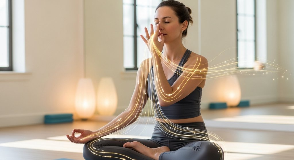 Eine Frau praktiziert die Yoga Wechselatmung Nadi Shodana zur Reinigung der Energiekanäle. Eine Frau praktiziert die Yoga Wechselatmung Nadi Shodana zur Reinigung der Energiekanäle.