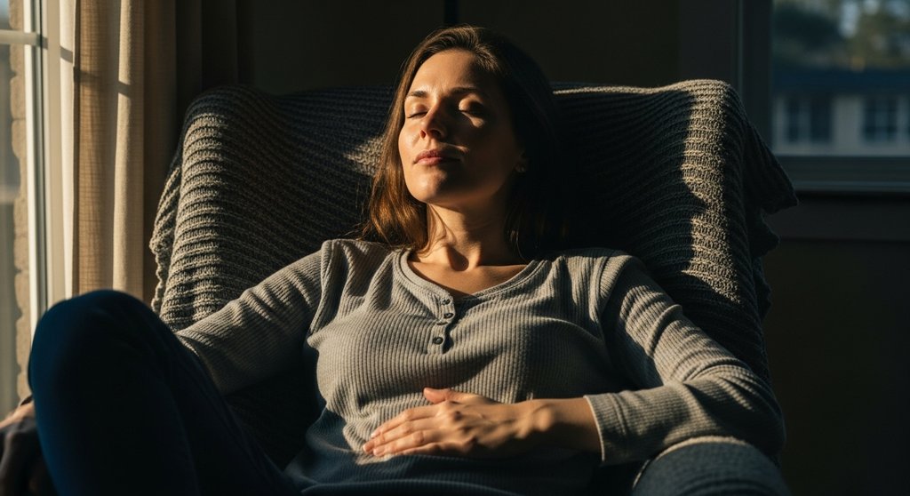 Eine Frau praktiziert eine Atemübung gegen Stress und Angst und findet innere Ruhe. Eine Frau praktiziert eine Atemübung gegen Stress und Angst und findet innere Ruhe.