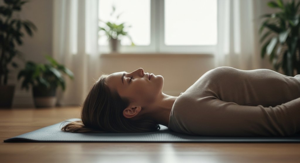 Eine Frau praktiziert eine Bodyscan Meditation liegend auf einer Yogamatte und findet innere Ruhe.