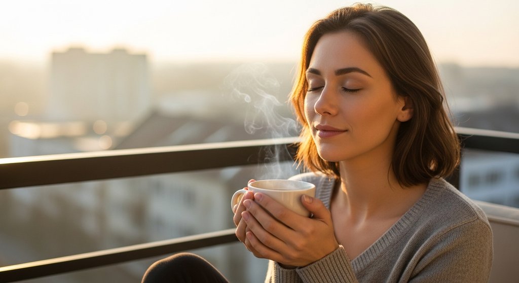 Eine Frau praktiziert eine einfache Achtsamkeitsübung mit einer Tasse Tee am Morgen.