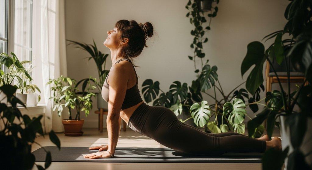 Eine Frau praktiziert eine energiegeladene Yoga-Übung gegen Müdigkeit.