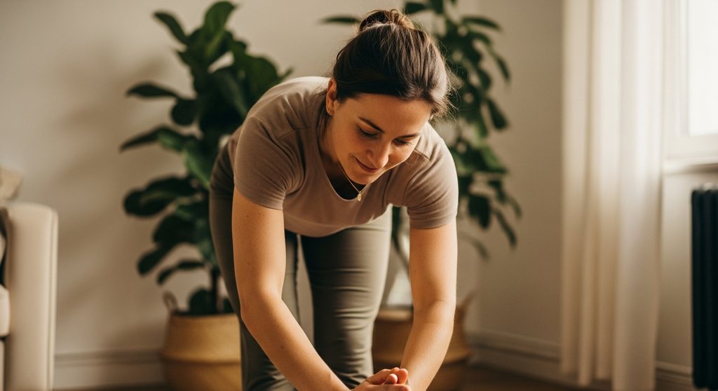 Eine Frau praktiziert eine entspannende Yoga-Übung gegen Stress zu Hause.