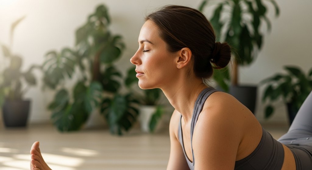 Eine Frau praktiziert eine intensive hüftöffnende Yoga-Übung zur Steigerung der Beweglichkeit.