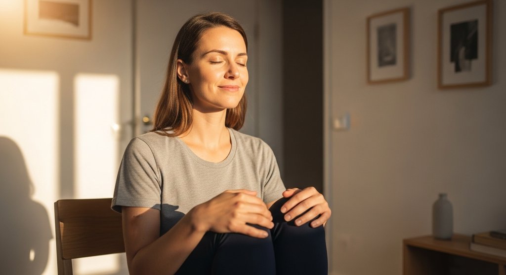 Eine Frau praktiziert entspannt tägliche Atemübungen am Morgen in ihrer Wohnung.