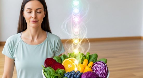 Eine Frau praktiziert Ernährung für die Chakren, um ihre Energiezentren mit bunten Lebensmitteln auszugleichen. Ernährung für die Chakren: So isst du dich in deine volle Kraft