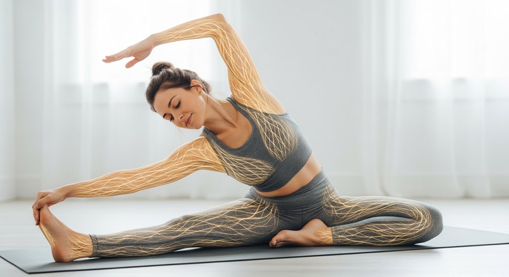 Eine Frau praktiziert Faszien Yoga und spürt die tiefe Dehnung im Gewebe.